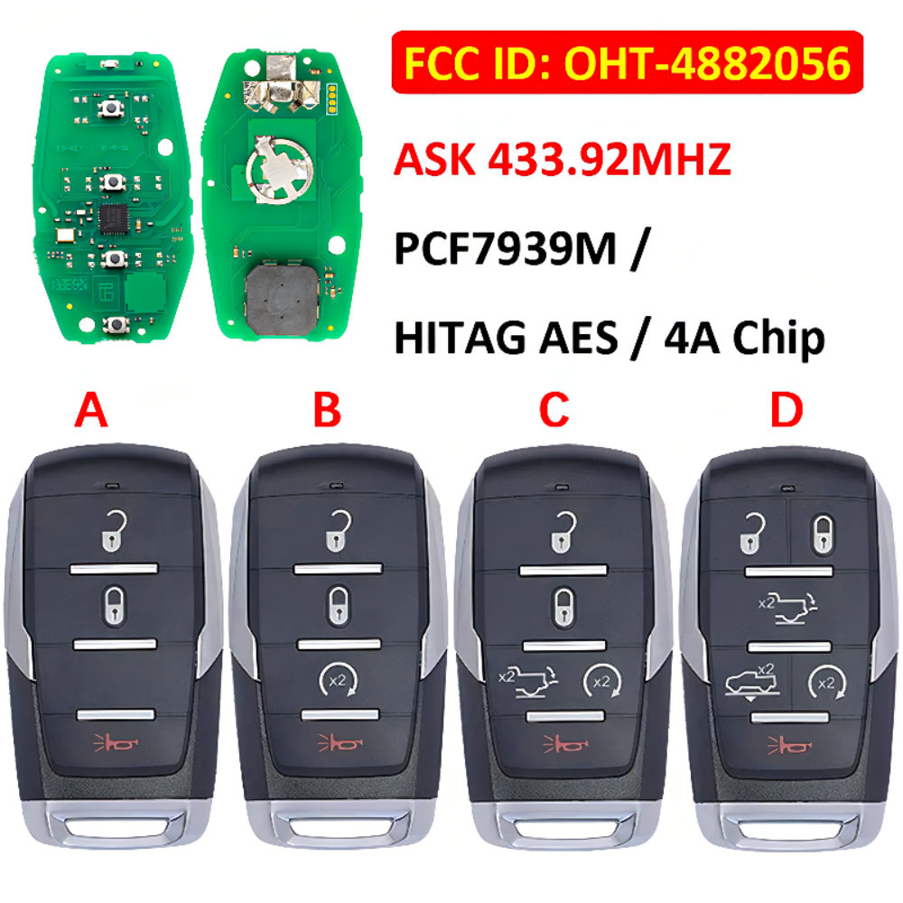 2019-2020 RAM 1500 pickup 2+1/3+1/4+1/5+1 key ASK433.92 frequency smart remote key / PCF7939M / HITAG AES / 4A CHIP / FCC ID: OHT-4882056 / CY24